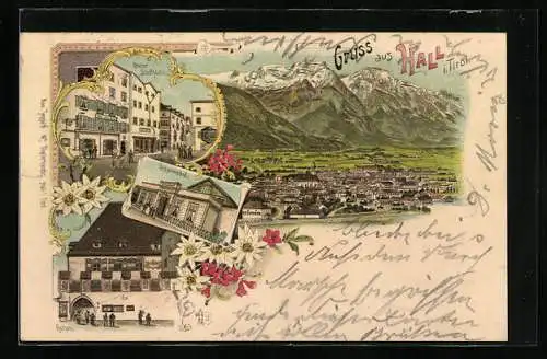 Lithographie Hall i. Tirol, Schwimmbad, Rathaus, Oberer Stadtplatz, Ortsansicht