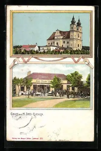 Lithographie Maria Dreieichen, Alois Försters Gasthaus, Kirche