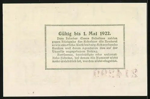 Notgeld Schwerin, 1922, 50 Pfennig, Wappen mit Stier, Ortsansicht