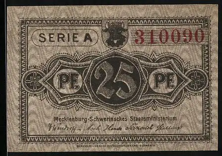Notgeld Schwerin, 1922, 25 Pfennig, Unterschrit Staatsministerium, Stadtwappen
