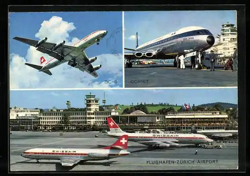 AK Zürich, Flughafen Kloten, Flugzeug DC-8 im Landeanflug Vorbereitungen an einem Flugzeug Comet