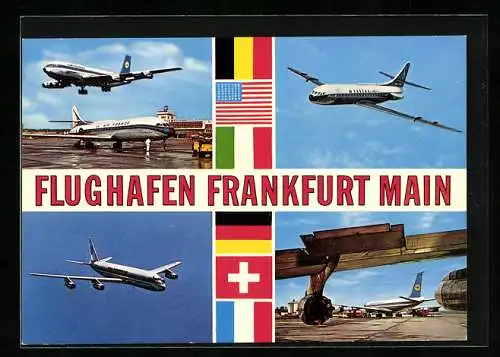 AK Frankfurt am Main, Flughafen mit verschiedene Flugzeuge und internationale Flaggen