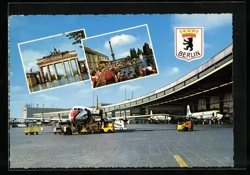 AK Berlin, Flughafen Tempelhof, Flugzeuge, Brandenburger Tor, Restaurant mit Gästen, Wappen