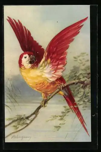Künstler-AK A. Wagner: Bunter Papagei, exotischer Vogel mit gelb-rotem Gefieder
