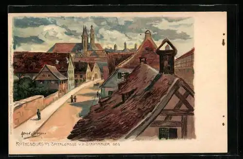 Lithographie Rothenburg o. T., Spitalgasse von der Stadtmauer gesehen