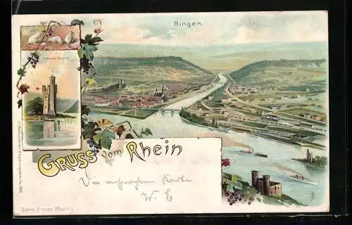 Lithographie Bingen am Rhein, Panorama und Mäuselturm
