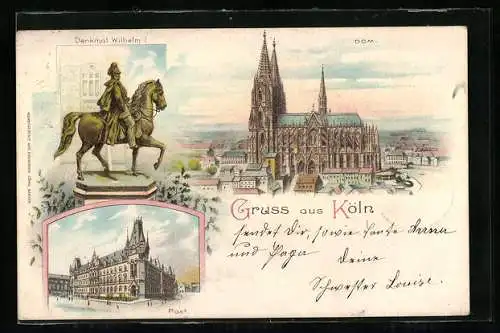Lithographie Köln, Dom aus der Vogelschau, Partie an der Post