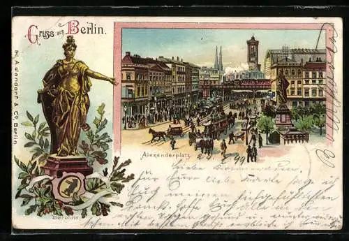 Lithographie Berlin, Alexanderplatz mit Stadtbahn und Pferdebahnen