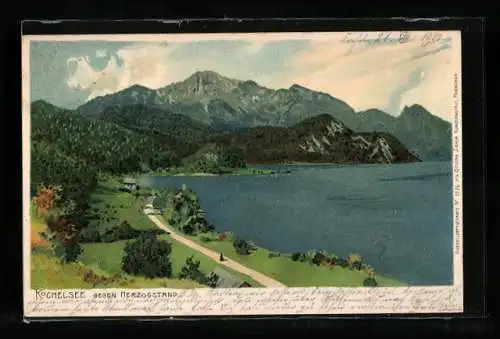 Lithographie Kochel am See, Kochelsee mit Umgebung