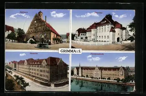 AK Grimma, Ortspartie mit Rathaus, Seminar, Fürstenschule & Kaserne