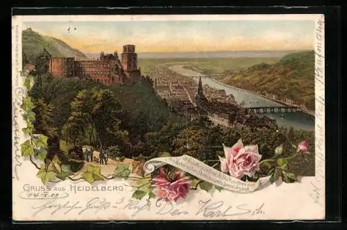 Lithographie Heidelberg, Panoramaansicht mit Burg und der Brücke, Rosen