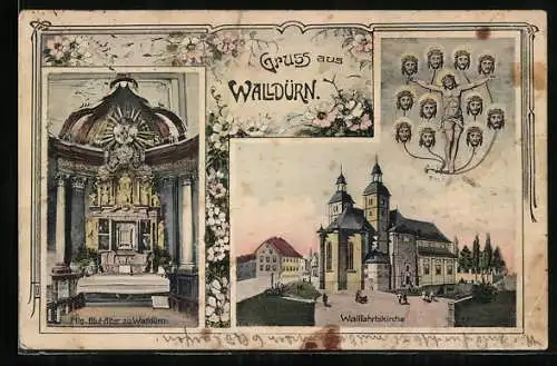 AK Walldürn, Innen- und Aussenansicht der Wallfahrtskirche mit Gnadenbild