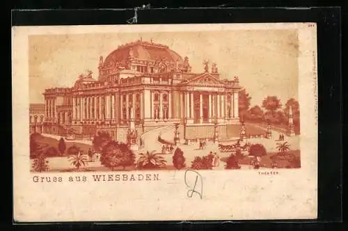 Lithographie Wiesbaden, Theater mit Kutschen und Passanten