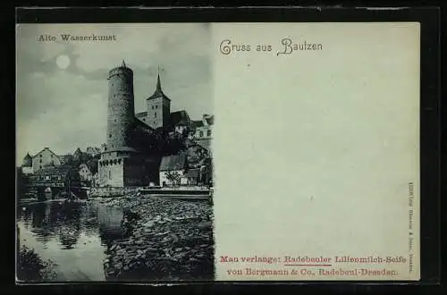 Mondschein-AK Bautzen, Alte Wasserkunst mit Flusspartie