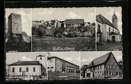 AK Lohrbach b. Mosbach, Schlossturm, Schulhaus und Gasthof z. Adler, Bes. Willy Sommer