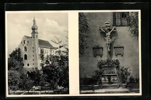 AK Neckarelz, Exerzitienkirche mit Krypta, Gefallenen-Denkmal