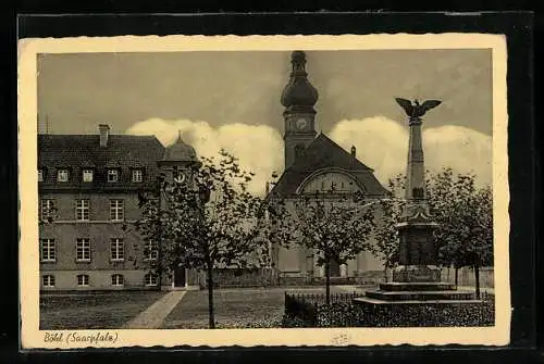 AK Böhl / Pfalz, Ortspartie mit Denkmal und Kirche