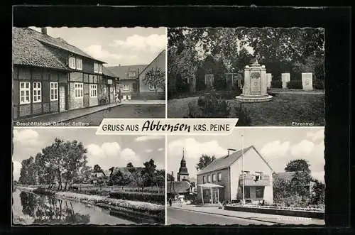 AK Abbensen /Krs. Peine, Geschäftshaus Gertrud Seffers, Kreissparkasse, Ehrenmal