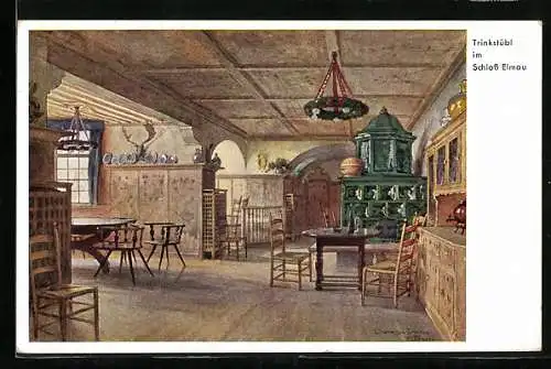 Künstler-AK Klais /Oberbayern, Innenansicht des Trinkstübls im Schloss Elmau