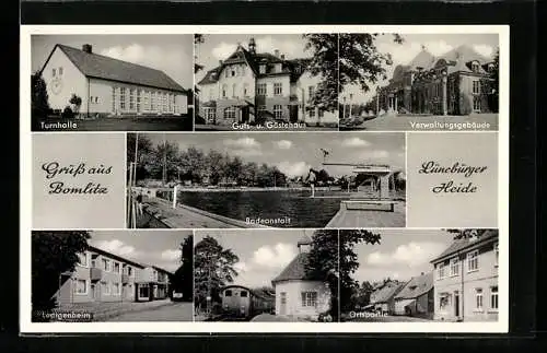 AK Bomlitz /Lüneburger Heide, Guts- u. Gästehaus, Badeanstalt, Turnhalle, Verwaltungsgebäude