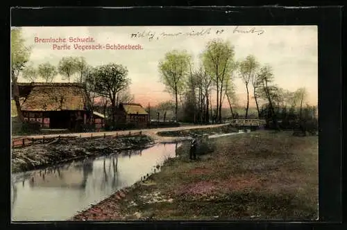 AK Vegesack-Schönebeck, Ortspartie mit Häusern an der Brücke