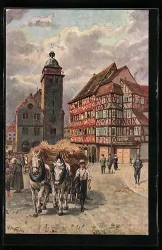 Künstler-AK Mosbach, Marktplatz mit Rathaus