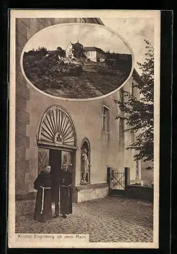 AK Grossheubach, Kloster Engelberg ob dem Main mit Klosterbrüdern vor dem Eingang
