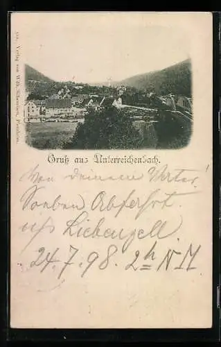 AK Unterreichenbach, Ortsansicht mit Eisenbahnbrücke aus der Ferne