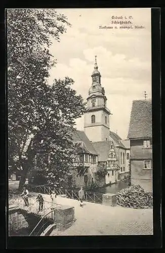 AK Erbach / Odenwald, Schlossbrücke, Rathaus und ev. Kirche