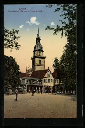 AK Erbach i. O., Schlosswache, Rathaus und evangel. Kirche