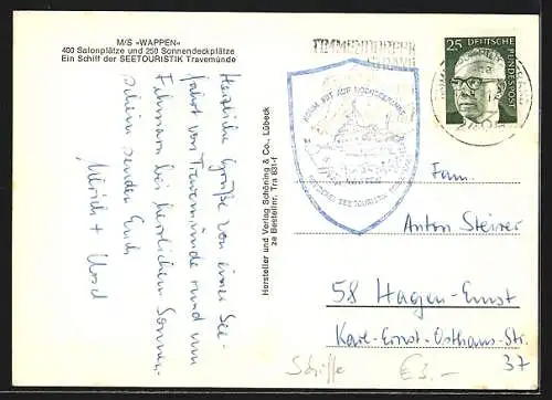 AK Passagierschiff MS Wappen der Seetouristik Travemünde in Fahrt