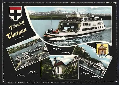 AK Fährschiff Thurgau auf dem Bodensee, Fährhäfen Konstanz und Meersburg