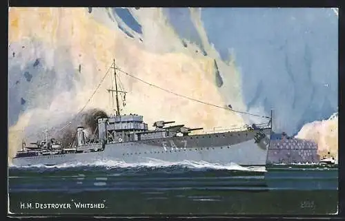 Künstler-AK Kriegsschiff H. M. Zerstörer Whitshed vor der Küste