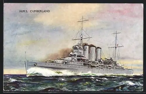 Künstler-AK HMS Cumberland in voller Fahrt