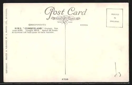 Künstler-AK HMS Cumberland in voller Fahrt