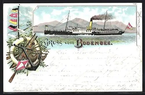 Lithographie Dampfer auf dem Bodensee, im Hintergrund die Alpen