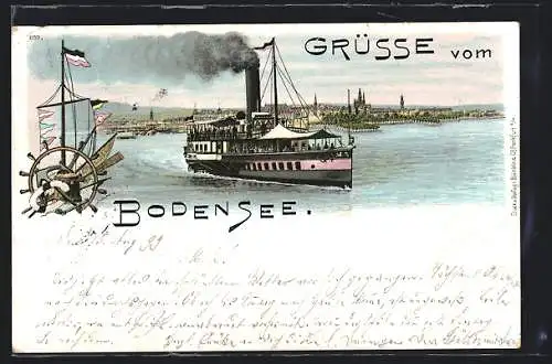 Lithographie Bodensee-Dampfer Constanz den Hafen verlassend