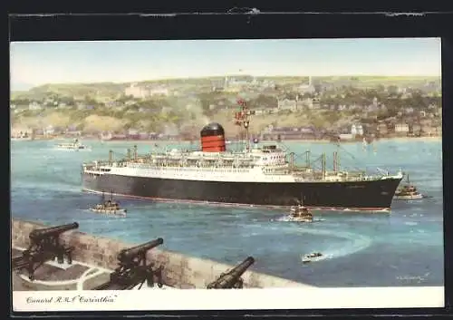Künstler-AK Cunard RMS Carinthia, Passagierschiff von einer Festung betrachtet