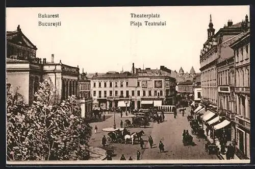AK Bukarest, Theaterplatz mit Kutschen