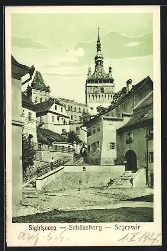 AK Schässburg, Ortspartie mit Blick zur Kirche