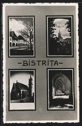AK Bistrita, Strassenpartie, Kirche, Blick durch den Säulengang