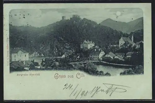 Mondschein-AK Cilli, Burgruine Oler-Cilli