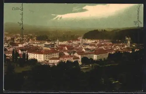 AK Cilli, Ortsansicht aus der Vogelschau