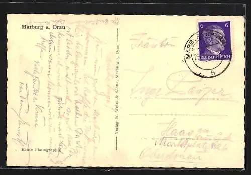 AK Marburg a. Drau, Teilansicht mit Flusspartie