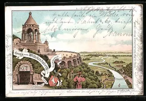 Lithographie Wittekindsberg, Kaiserdenkmal und Wittekindsquelle