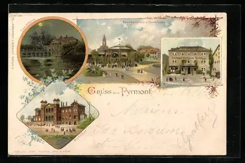 Lithographie Pyrmont, Brunnenplatz und Trinkhalle, Gasthaus Vietmeyer, Bahnhof