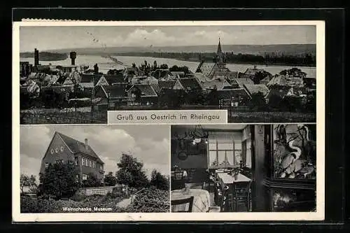 AK Oestrich / Rhein, Weinschenke Museum mit Innenansicht, Totalansicht aus der Vogelschau