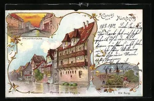 Künstler-AK Nürnberg, Partie an der Pegnitz, Die Burg, Fleischbrücke