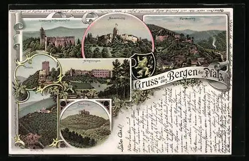 Lithographie Dürkheim a. H., Limburg, Madenburg, Hardenburg, Trifels, Altleiningen, Wolfsburg, Maxburg