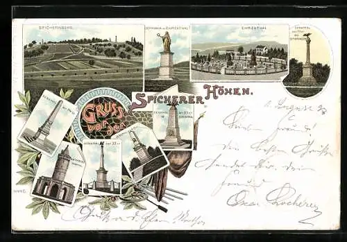 Lithographie Saarbrücken, Spicherer Höhen, Ehrental, Denkmäler